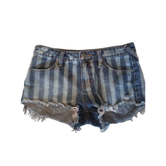 Free People Women's Blue Striped Short Shorts Size 26/US 2 Distressed - Picture 1 of 13
